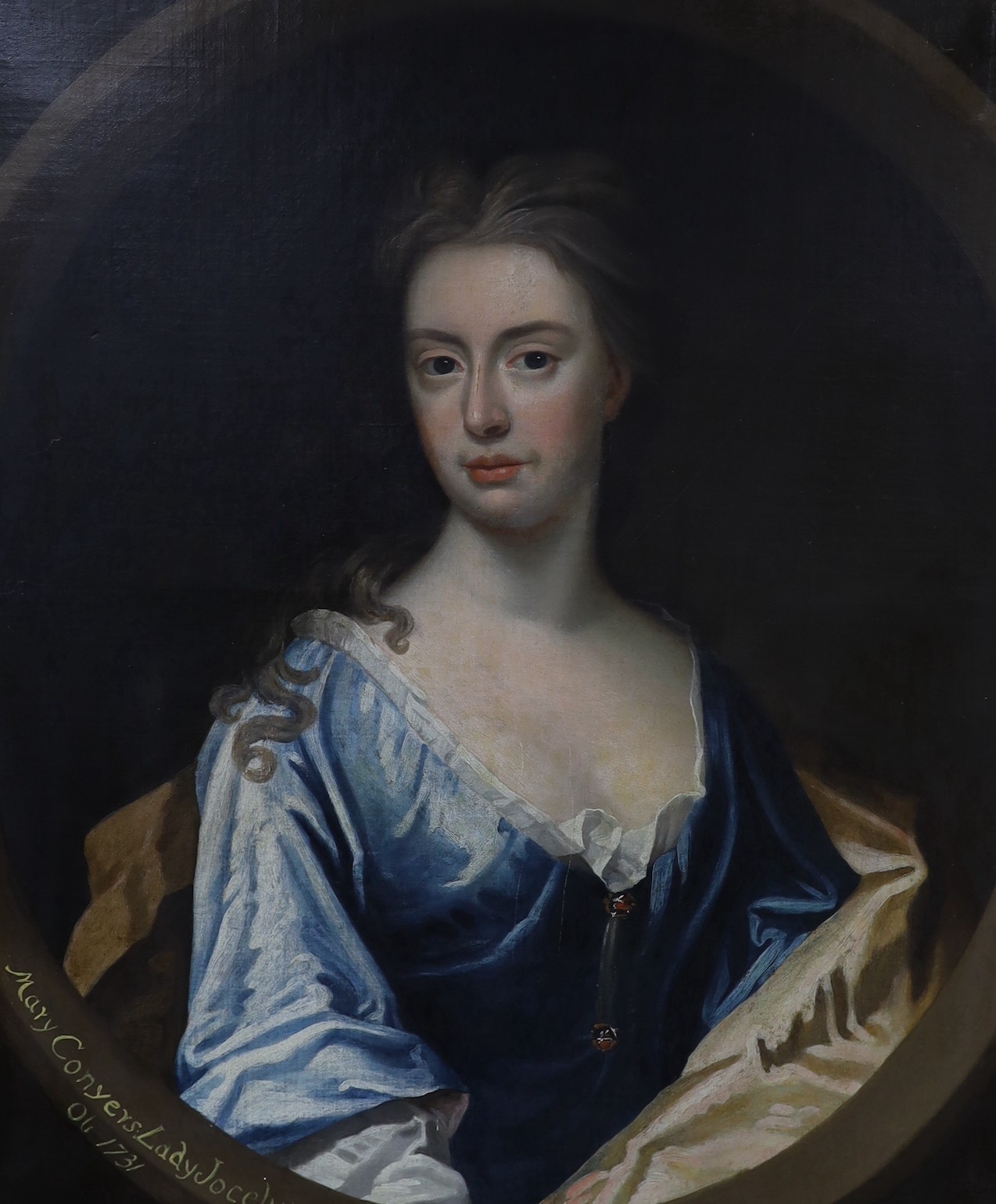 18th century English School, oil on canvas, Portrait of Mary Conyers Lady Jocelyn OB 1731', wife of Sir Strange Jocelyn, 2nd Baronet (c.1651-1734) of Great Hyde hall, Sawbridgeworth, Hertfordshire, titled to the front, i